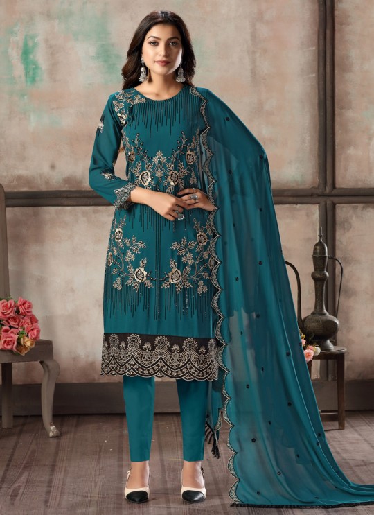 Teal Blue Faux Georgette Embroidered Festival Wear Churidar Suit Vaani Vol 2 By Dani Creation 21