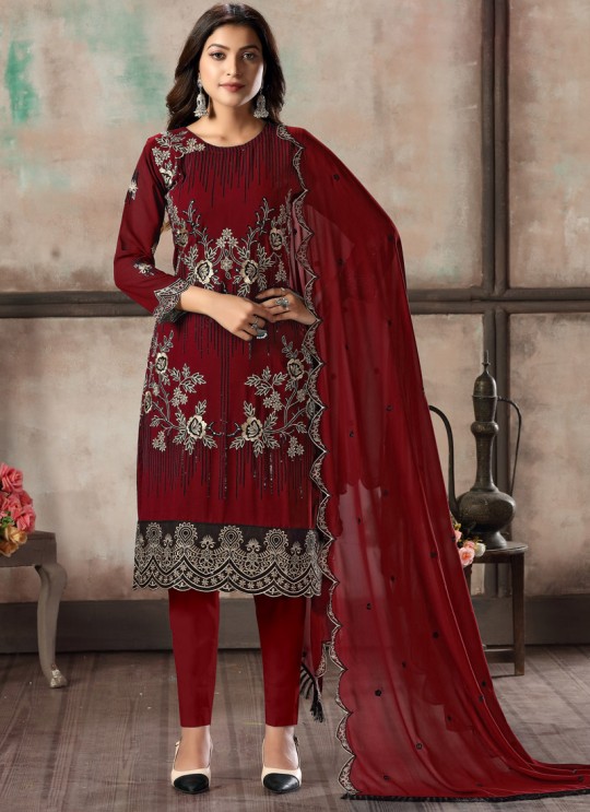 Red Faux Georgette Embroidered Festival Wear Churidar Suit Vaani Vol 2 By Dani Creation 24