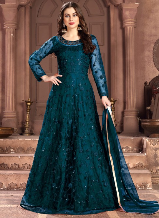 Aanaya Vol 100 By Dani Fashion 100005 Teal Blue Net Evening Wear Gown Style Anarkali