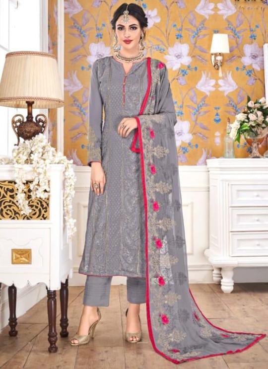Grey Georgette Embroidered Churidar Suits Hurma VOL 15 1080 By Eba Lifestyle SC/016144