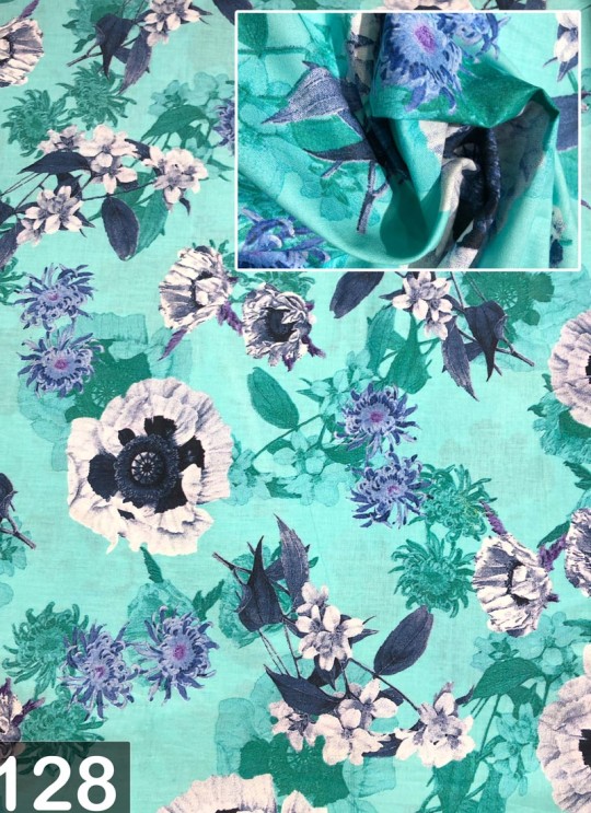 Teal Green Musk Cotton 100X100 Weaving Floral Print Fabric 128