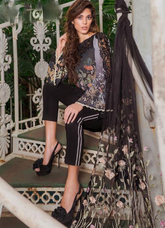 Black Cambric Cotton Embroidered Party Wear Pakistani Suits Rosemeen Crosslawn By Fepic SC/016294