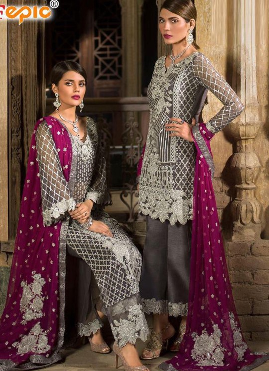 Grey Net Party Wear Pakistani Suits Rosemeen ZC 32002 Set By Fepic SC/013780