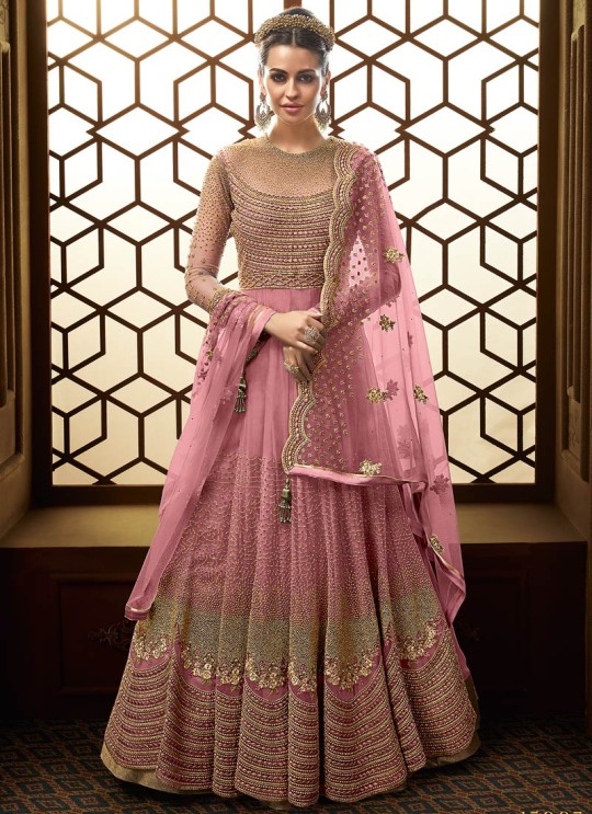 Alluring Net Abaya Style Anarkali Suit For Bridesmaids In Pink Color Majesty 15007 A Color By Glossy SC/015496