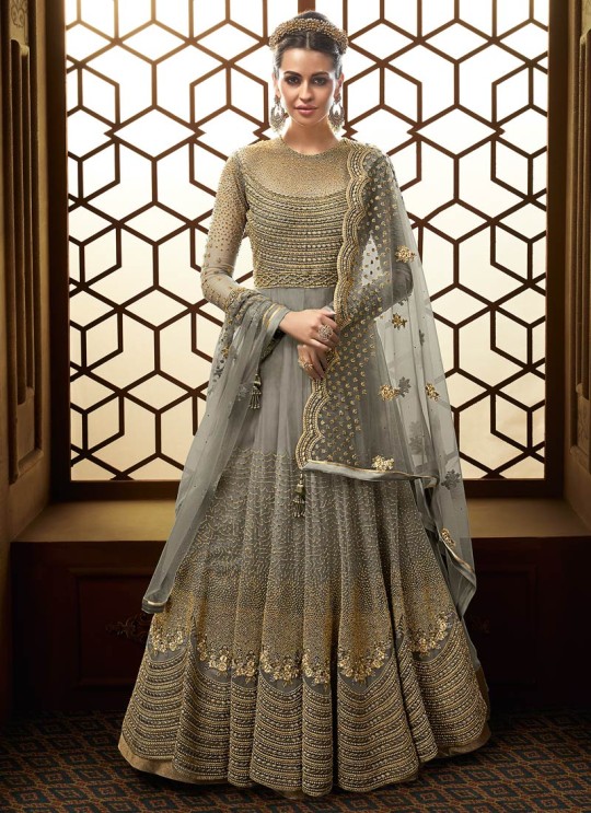 Attractive Net Abaya Style Anarkali Suit For Bridesmaids In Grey Color Majesty 15007 B Color By Glossy SC/015497