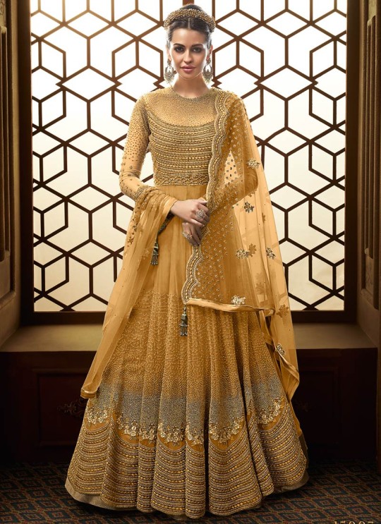 Magnificent Net Abaya Style Anarkali Suit For Bridesmaids In Yellow Color Majesty 15007 D Color By Glossy SC/015499