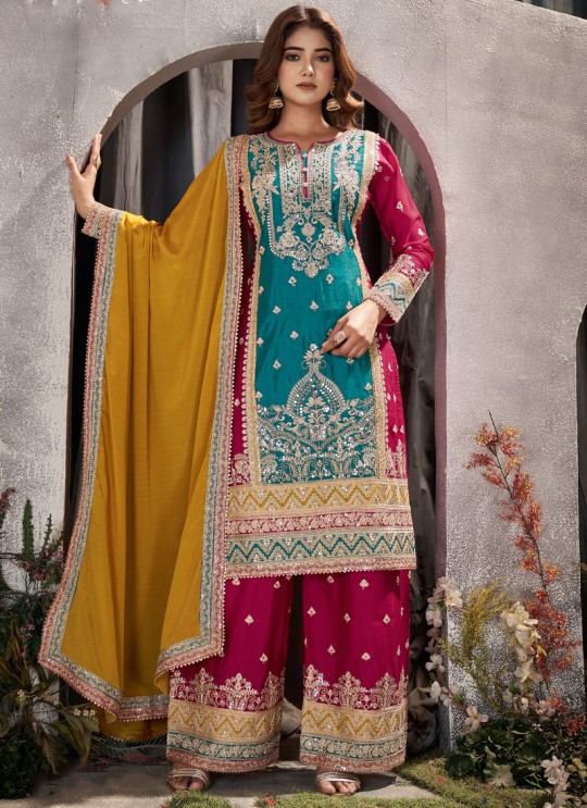 Teal Blue Pure Chinnon Real Mirror Palazzo Salwar Kameez Lohri By Gulzar 2063 Teal Blue Pure Chinnon Real Mirror Palazzo Salwar Kameez Lohri By Gulzar 2063