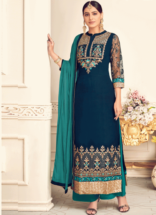 Mishti 3rd By Hotlady 6133 Teal Blue  GeorgetteWedding Wear Straight Cut Suit