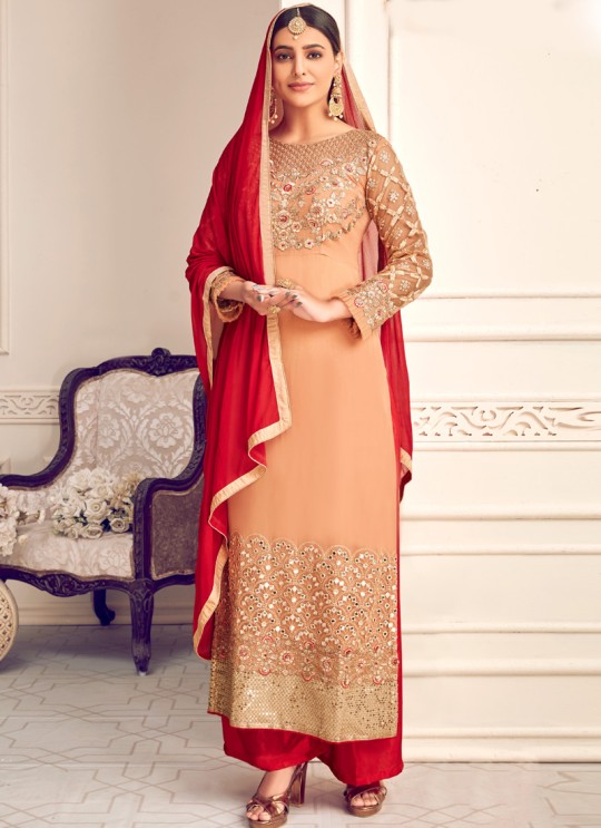 Mishti 3rd By Hotlady 6136 Peach  GeorgetteWedding Wear Straight Cut Suit