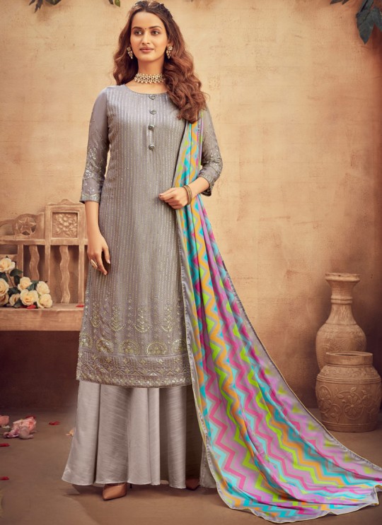 Suraiya By Hotlady 6172 Grey Chinnon  ChiffonParty Wear Plazzo Suit