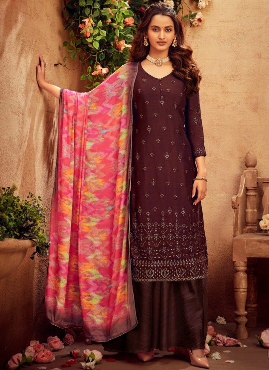 Suraiya By Hotlady 6175 Brown Chinnon  ChiffonParty Wear Plazzo Suit