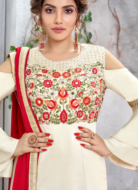 Cream Ceremony Silk Straight Cut Suit Arshiya 5156 By HOTLADY SC/016080 Cream Ceremony Silk Straight Cut Suit Arshiya 5156 By HOTLADY SC/016080