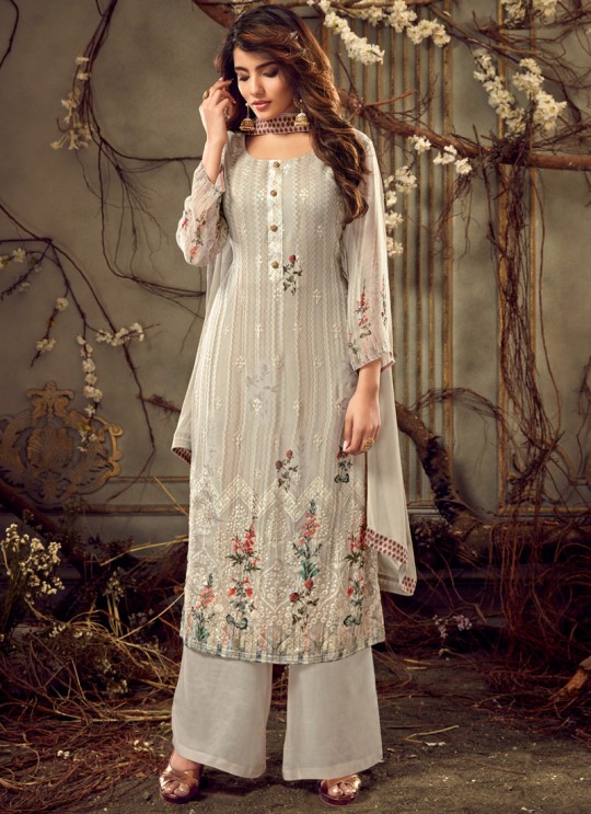 Fulkari Vol 6 By Hotlady 7181 Georgette Wedding Palazzo Suit In Off White