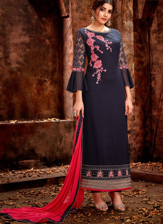Navy Blue Party Wear Georgette Straight Cut Suit Mishti 5124 By Hotlady SC/015919