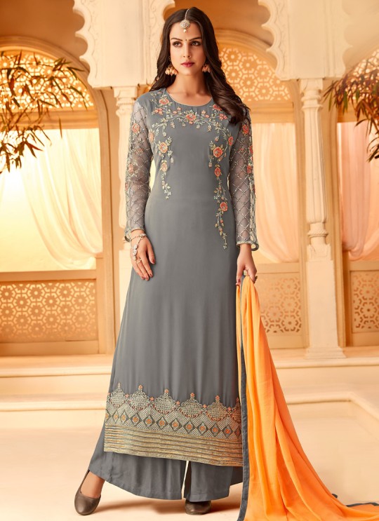 Grey Georgette Embroidered Party Wear Staraight Cut Suit Myra Vol 3 5114 By Hotlady SC/015356