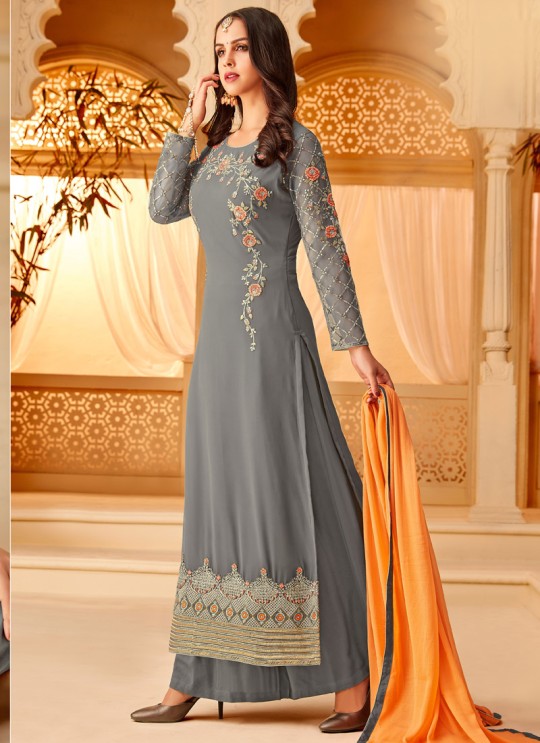 Grey Georgette Embroidered Party Wear Staraight Cut Suit Myra Vol 3 5114 By Hotlady SC/015356