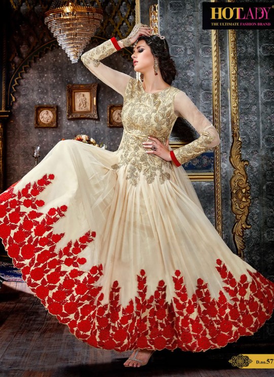 Cream Net Resham Embroidered Floor Length Anarkali Suit Shaheeba 5771 By Hotlady SC/003620