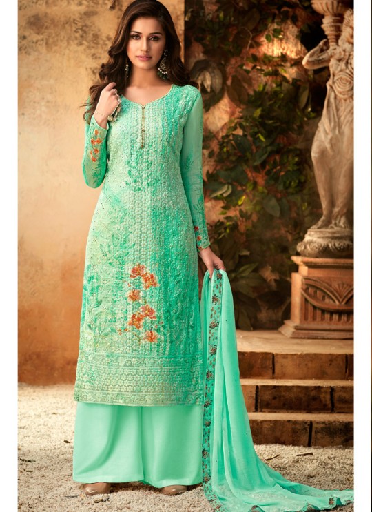 Sea Green Georgette Palazzo Style For Ceremony Fulkari 7173 By Hotlady SC/016352