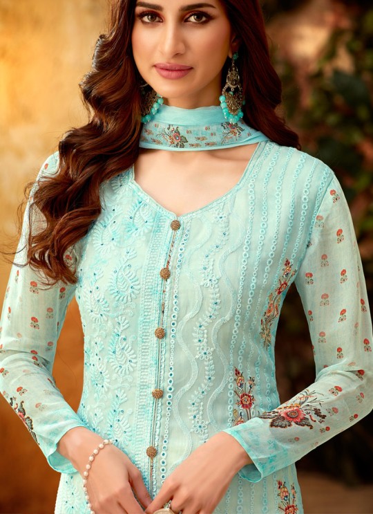 Turquoise Georgette Palazzo Style For Ceremony Fulkari 7177 By Hotlady SC/016356