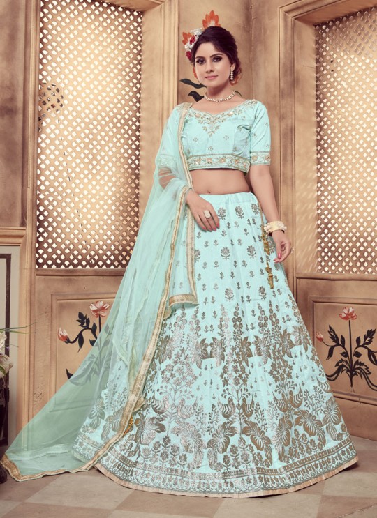 Turquoise Silk Designer A Line Lehenga Girly Vol 3 By Khushbu Fashion 1060