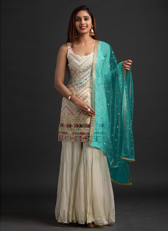 White Georgette Embroidered Sharara Kameez