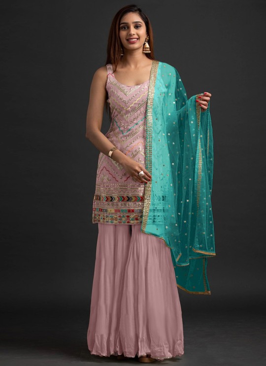 Peach Georgette Embroidered Sharara Kameez