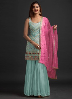 Sky Blue Georgette Embroidered Sharara Kameez