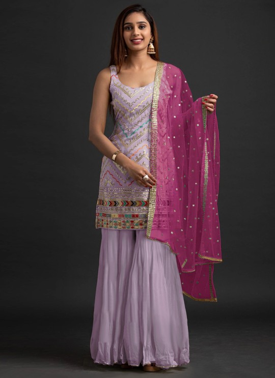 Purple Georgette Embroidered Sharara Kameez