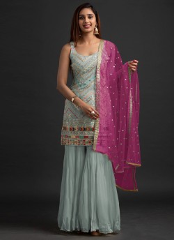 Grey Georgette Embroidered Sharara Kameez