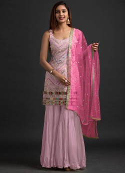 Pink Georgette Embroidered Sharara Kameez