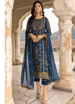 Blue Georgette Embroidered Pakistani Trouser Suit K-1012A