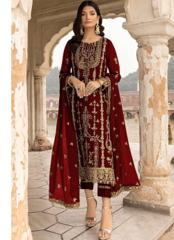 Maroon Georgette Embroidered Pakistani Trouser Suit K-1012B