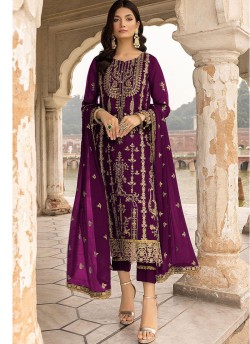 Purple Georgette Embroidered Pakistani Trouser Suit K-1012D