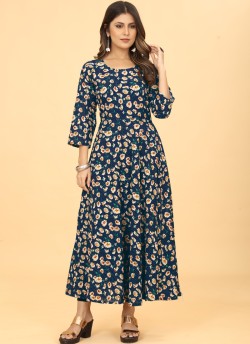 Navy Blue Heavy Georgette Floral Print Long Kurti K-7001