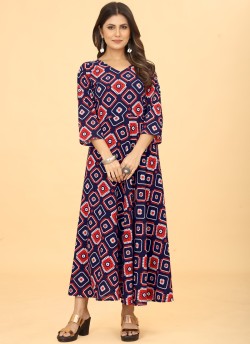 Navy Blue Heavy Georgette Geometric Print Long Kurti K-7003