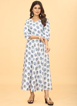 White Heavy Georgette Floral Print Long Kurti K-7004