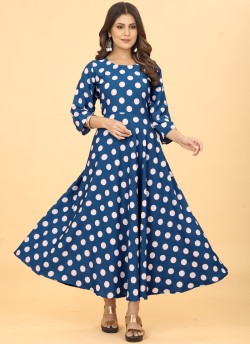 Royal Blue Heavy Georgette Polka Dot Print Long Kurti K-7005