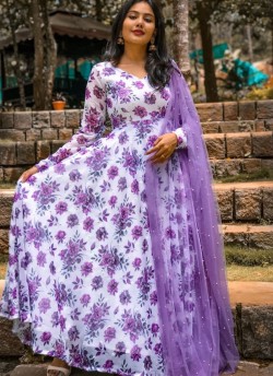 Heavy Georgette Floral Print Bollywood Style Kurti Style Gown Anarkali With Moti Work Dupatta