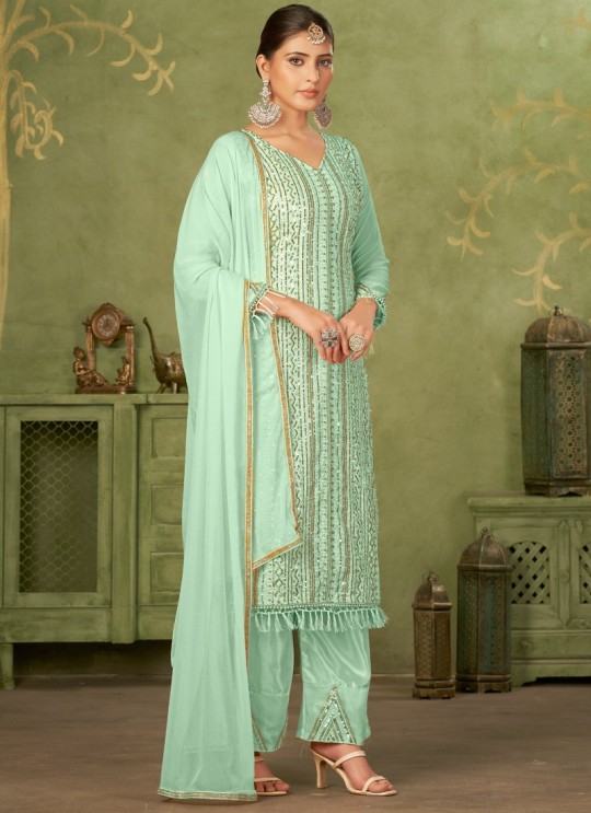 Green Georgette Pakistani Trouser Suit By Kilruba