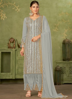 Grey Georgette Pakistani Trouser Suit By Kilruba