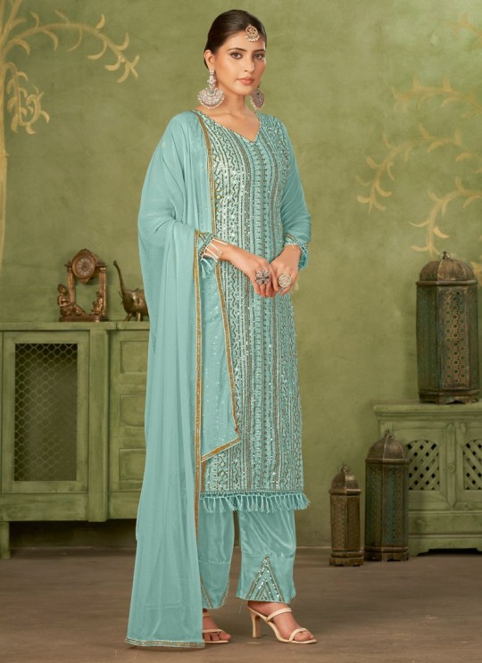 Sky Blue Georgette Pakistani Trouser Suit By Kilruba