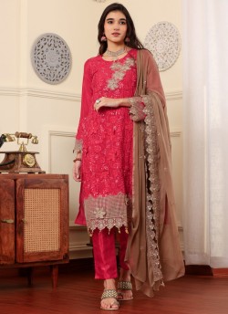 Pink Chinon Silk Embroidered Pakistani Trouser Suit K-9005
