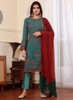 Rama Green Georgette Embroidered Pakistani Trouser Suit K-9007