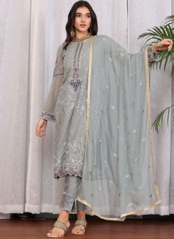 Grey Georgette Embroidered Pakistani Trouser Suit K-9012
