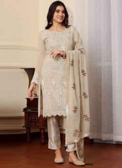 Beige Georgette Embroidered Pakistani Trouser Suit K-9013