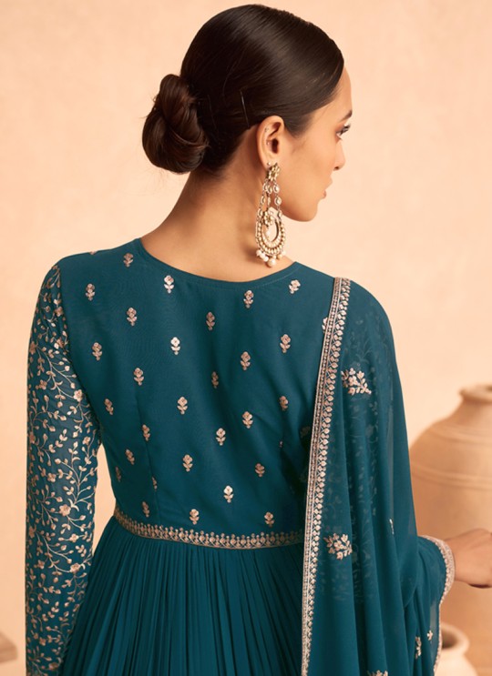 Teal Blue Georgette Zari Embroidered Anarkali Suit 9486A