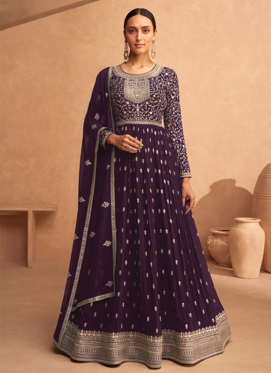 Dark Purple Georgette Zari Embroidered Anarkali Suit 9486C