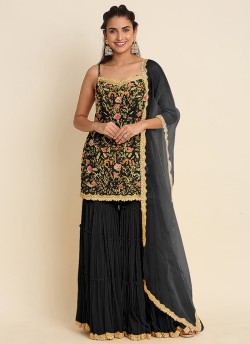 Black Georgette Embroidered Semi-Stitched Garara Suit KM-1002H