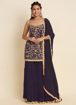 Dark Purple Georgette Embroidered Semi-Stitched Garara Suit KM-1002I