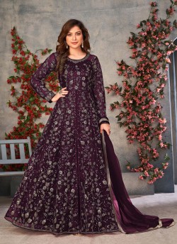 Wine Net Embroidered Semi-Stitched Anarkali Suit 10033B